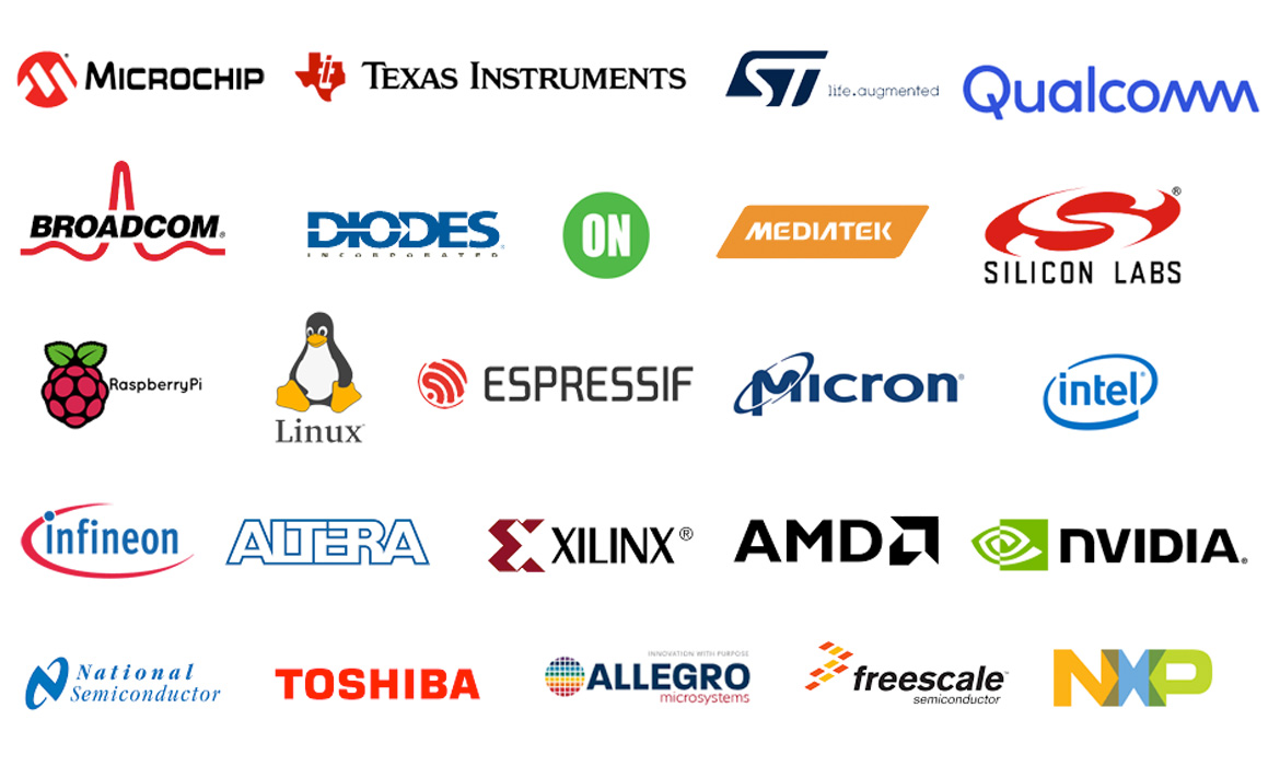 logos of chip companies including microchip, texas instruments, st, qualcomm, broadcom, on semi, mediatek, raspberry pi, micron and others
