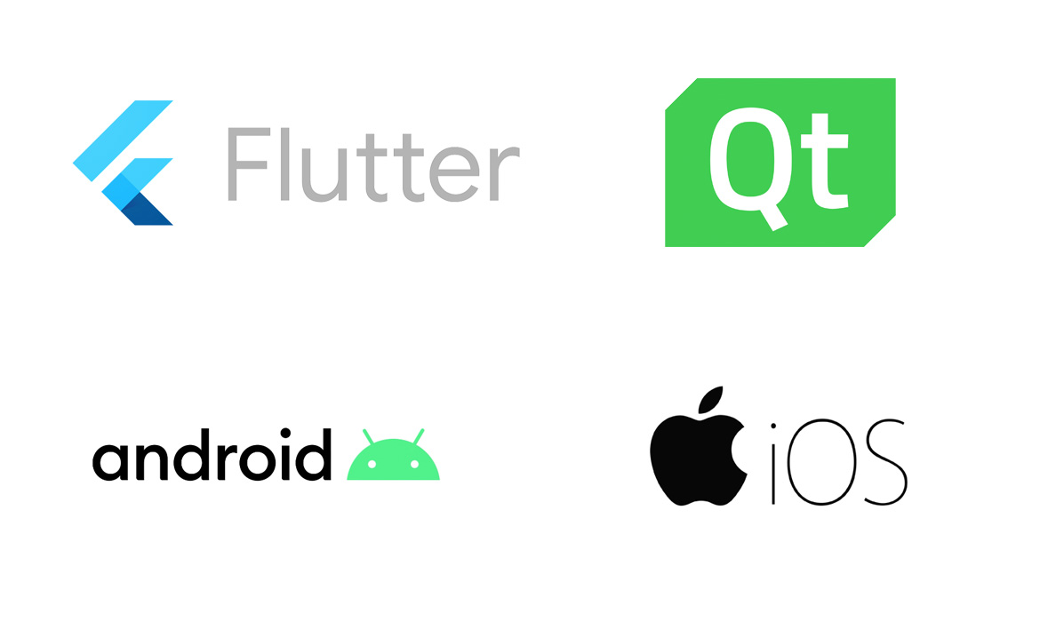 flutter, qt, android and ios logos