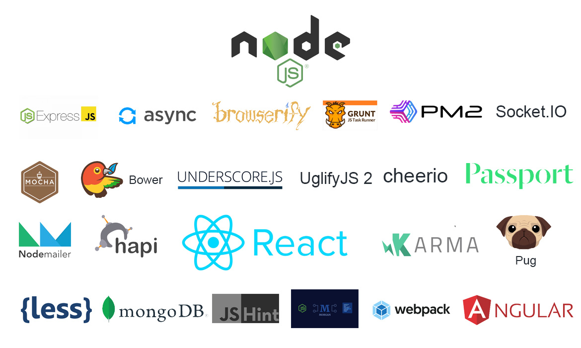 Server software development with Node.js and React. Showing many libraries in the Node.js ecosystem.